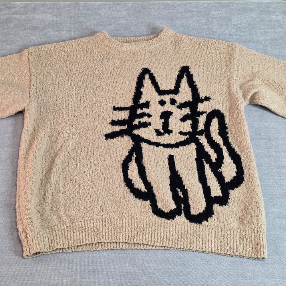 Elfric Eden Women Cat Graphic Oversized Knit Sweater Tan Black Large Art to Wear